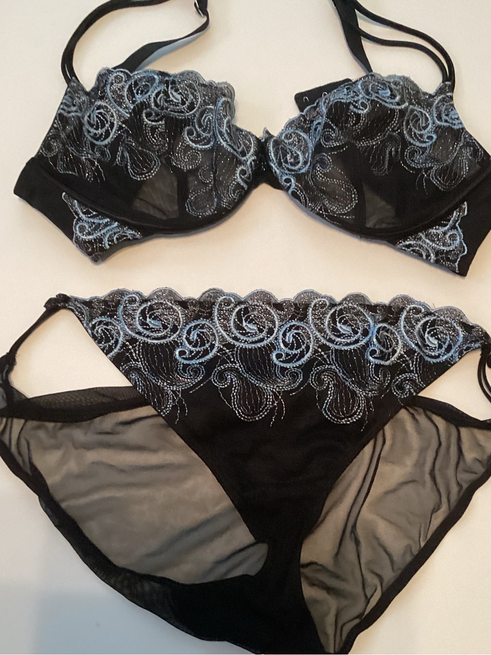 Cacique Black Bra & Panty Set with Light Blue Embroidery
